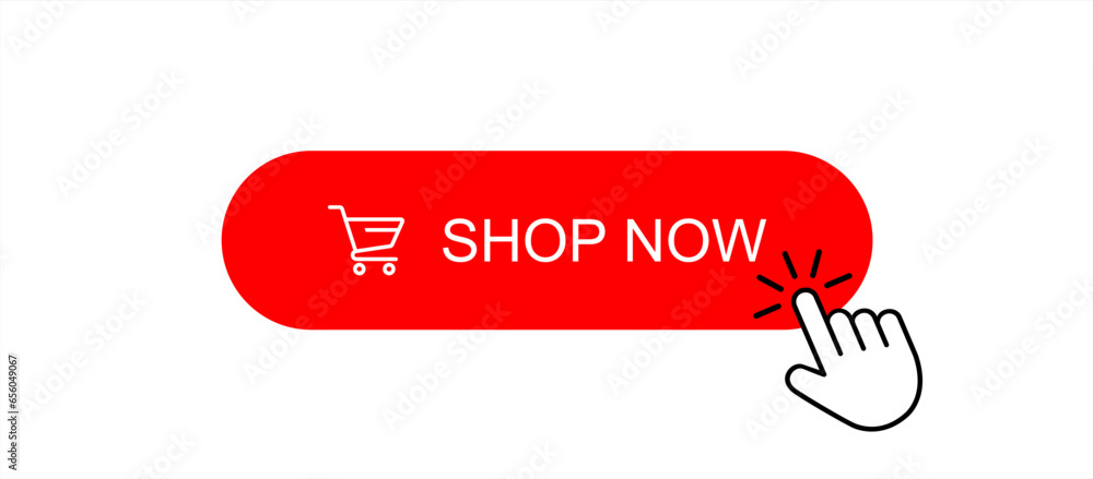 Aufkleber Shop now red button with hand cursor. Buy now hand pointer clicking. Click here banner with shadow. Click button isolated. Online shopping. Vector 10 eps.