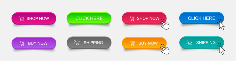 Shop now. Set of button shop now or buy now. Modern collection for web site. Vector illustration 10 eps.
