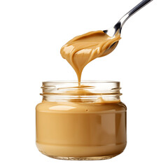 Creamy Peanut Butter Spreading into a Jar Isolated on White Background
