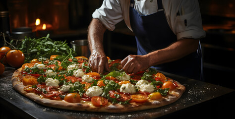 Obraz na płótnie Canvas Delicious pizza being prepared by skilled chef at cozy restaurant.
