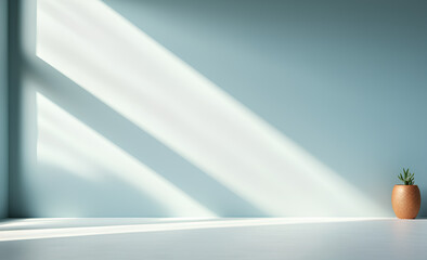 Minimal abstract light blue background for product presentation. Shadow and light from windows on plaster wall.