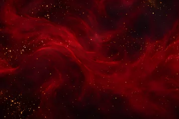 Fotobehang Red liquid with tints of golden glitters. Red background with a scattering of gold sparkles. Magic Galaxy of golden dust particles in red fluid with burgundy tints. © MOUNSSIF