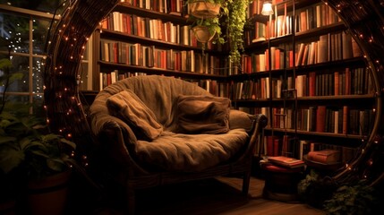 a hushed reading nook in a bookstore, emphasizing the role of quiet spaces in literary enjoyment - obrazy, fototapety, plakaty