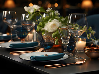  Luxurious dining with elegant tableware and beverages.