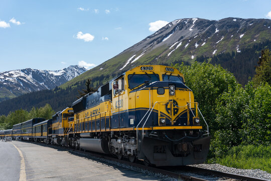 Seward, Alaska: Alaska Railroad (ARR) Class II railroad. Passenger train engine 4320. Coastal Classic Train takes passengers between Seward and Anchorage on the Kenai Peninsula. 