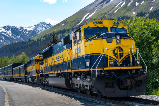 Seward, Alaska: Alaska Railroad (ARR) Class II railroad. Passenger train engine 4320. Coastal Classic Train takes passengers between Seward and Anchorage on the Kenai Peninsula. 