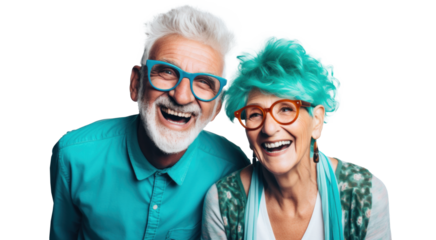 cyan fashionable elderly freak couple, png file of isolated cutout object on transparent background.