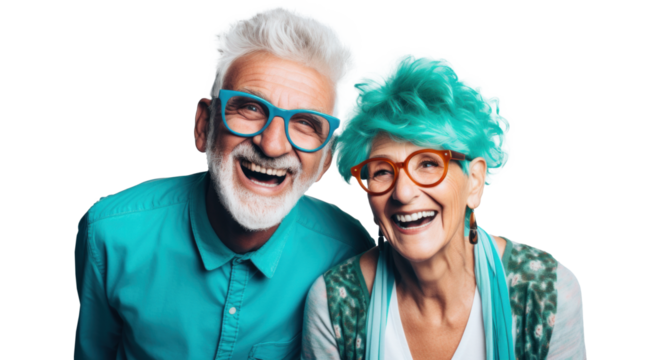 cyan fashionable elderly freak couple, png file of isolated cutout object on transparent background.