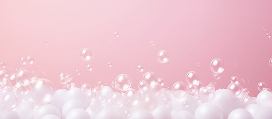 Pink pastel background with white foam bubbles perfect for laundry and cleaning services - obrazy, fototapety, plakaty