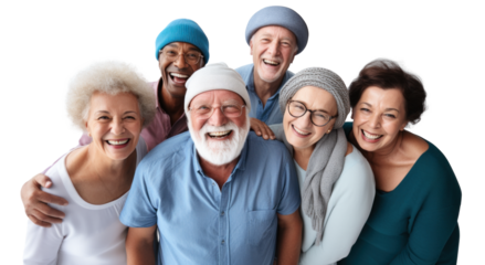diversified group of happy old people, png file of isolated cutout object on transparent background.