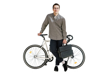 A male freelance cyclist uses a bicycle to travel to work, eco transport for the city. Isolated...