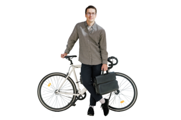 A male freelance cyclist uses a bicycle to travel to work, eco transport for the city. Isolated background.