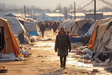 Global refugee crisis concept, tent camp for refugees.