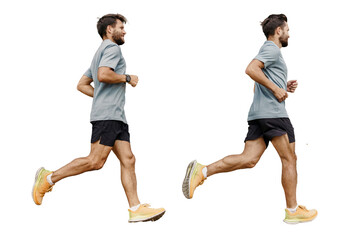 Athlete runner full-length interval training, sportswear and running shoes. A man running full-length. Collage from different sides of a person. Healthy and active lifestyle. Isolated background.