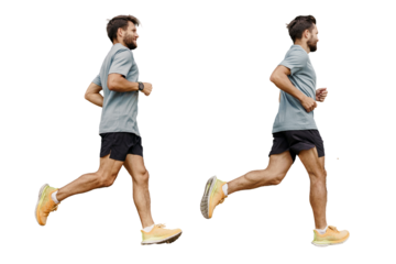 Athlete runner full-length interval training, sportswear and running shoes. A man running full-length. Collage from different sides of a person. Healthy and active lifestyle. Isolated background.