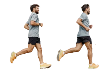 Keuken spatwand met foto Athlete runner full-length interval training, sportswear and running shoes. A man running full-length. Collage from different sides of a person. Healthy and active lifestyle. Isolated background. © muse studio
