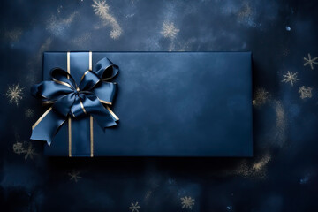 Dark blue gift box with elegant ribbon on dark background. Top view of Greeting gift with copy space for Christmas present, holiday or birthday