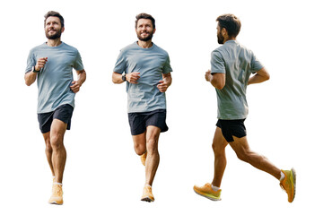 A man running full-length. Collage from different sides of a person. Runner full-length interval...