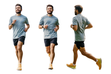 A man running full-length. Collage from different sides of a person. Runner full-length interval training, sportswear and running shoes. Healthy and active lifestyle. Isolated background.