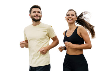 People are friends running together a man and a woman in fitness clothes. Sports couple coach and client doing a workout. Healthy and active lifestyle. Isolated background. - obrazy, fototapety, plakaty