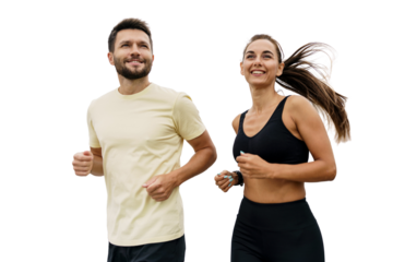 People are friends running together a man and a woman in fitness clothes. Sports couple coach and client doing a workout. Healthy and active lifestyle. Isolated background.