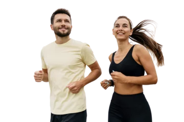 Tuinposter People are friends running together a man and a woman in fitness clothes. Sports couple coach and client doing a workout. Healthy and active lifestyle. Isolated background. © muse studio