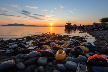 Sunset on the beach full of rubber tires that refugees used to search for the dangerous Mediterranean route to Europe. - obrazy, fototapety, plakaty