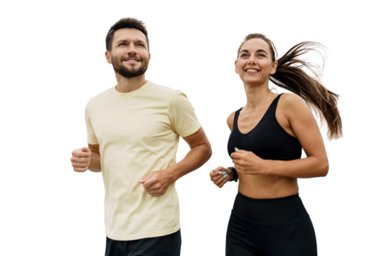 People are friends running together a man and a woman in fitness clothes. Sports couple coach and client doing a workout. Healthy and active lifestyle. Isolated background.