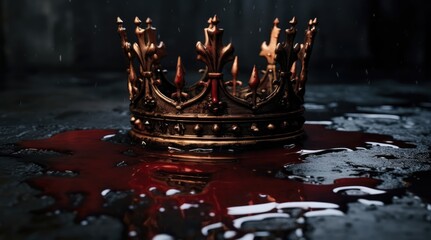 rise and fall of a king, queen, prince, princess, pope, papal concept. blood on a crown. pool of blood. lying on a puddle of blood.