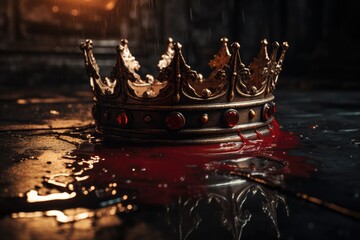grotesque pool of blood. a golden, copper crown laying on a dripping puddle of bleeding blood. medieval stone floor.  - obrazy, fototapety, plakaty