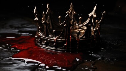 a bloody crown. pool of blood in a stone dungeon floor. royalty downfall. soaked and drenched in blood. evil and gory. 