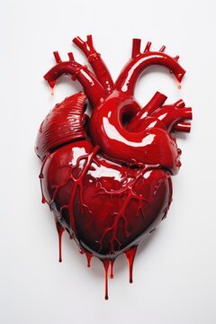 red heart on white. a human heart with blood. drips and drips of blood. glossy deep red paint. arteries and veins. 