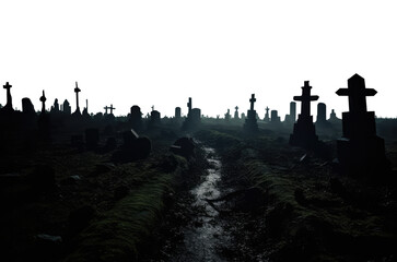 muddy night path in a spooky abandoned cemetery graveyard at night. dark fantasy misty and foggy vast landscape.  - obrazy, fototapety, plakaty