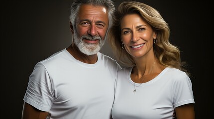 Fototapeta premium Happy Mature Couple Enjoying, cheerful mature couple in their 50s or 60s standing, wearing white t-shirts, togetherness and happiness. the joys of retirement, health of a long-lasting marriage.