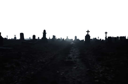 silhouette of a dark vast cemetery graveyard at night. transparent background PNG. Tombstones distributed throughout the vast landscape. 