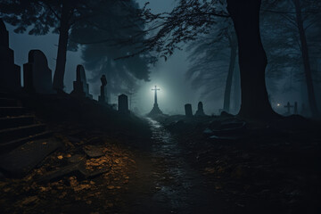 a spine chilling haunted cemetery graveyard in a misty foggy night forest woods. glowing mysterious ghostly tombstone.