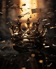a king or queen crown shattering into many peaces. golden. falling apart and dissipating into debris. bokeh palace background. - obrazy, fototapety, plakaty