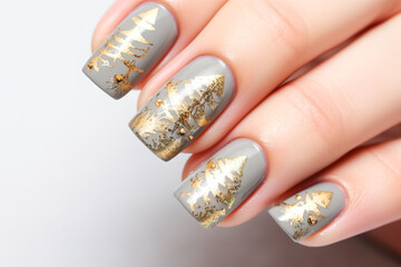  Christmas luxury beautiful woman creative nail art close up, golden Christmas tree decorated with shiny gold glitter design for celebrated in holiday. - obrazy, fototapety, plakaty
