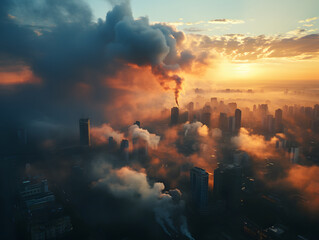  Polluted city, contours of the skyscrapers emerge from the smoke at sunset, blue toned, aerial view.