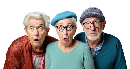 group of scared surprised old people, png file of isolated cutout object on transparent background.