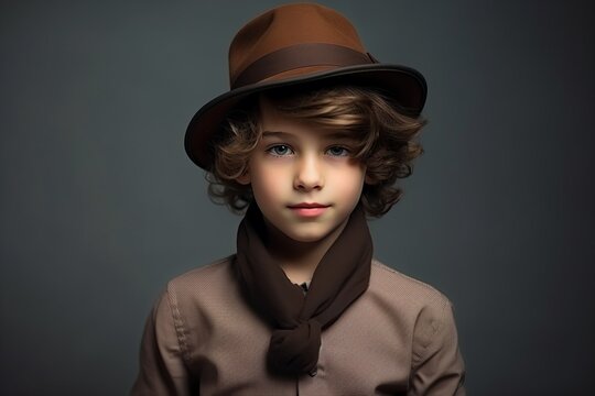 Fashionable little boy in brown hat and scarf. Studio shot.