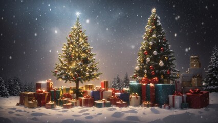 A beautiful Christmas tree with shiny lights and gifts, Generative AI