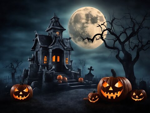 Wooden Haunted house with pumpkins. Full moon. Spooky Old house in spooky dark forest. Haunted house in the night forest. Moonlight. Witch's house. Mystical. Halloween scene. Halloween concept