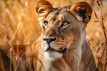 African Savannah's Majestic Lioness: Fierce Gaze & Flowing Mane Captured in Portrait, generative AI - obrazy, fototapety, plakaty