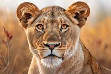 African Savannah's Majestic Lioness: A Fierce Gaze and Flowing Mane Portrait, generative AI