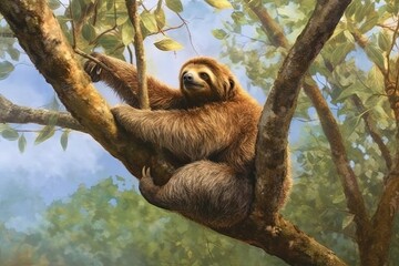 Fototapeta premium Tranquil Sloth: A Peaceful Hanging and Calm Expression in Nature, generative AI