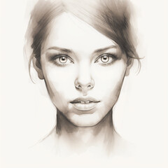 A black and white drawing of a woman's face