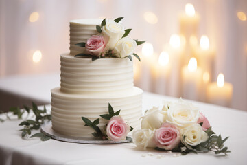 Obraz na płótnie Canvas A three-tiered white wedding cake adorned with pink and white roses sits on a silver stand against a background illuminated by a string of lights. 
