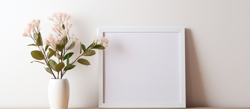 Close up of a clean natural style picture frame mock up on a wooden table