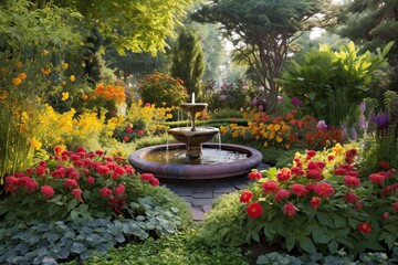 Fototapeta na wymiar Blooming Flowers and a Serene Fountain: A Tranquil Garden Retreat, generative AI